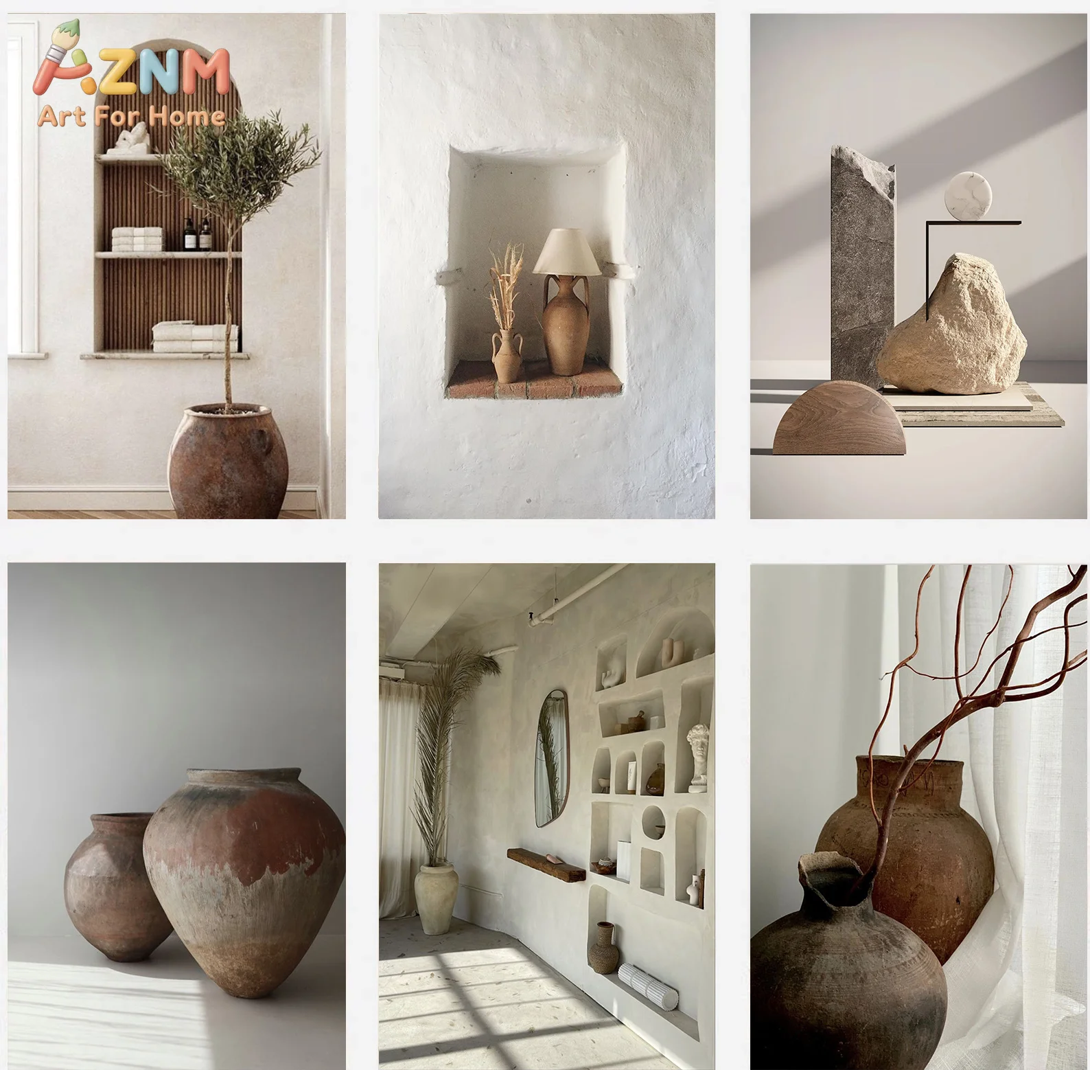 AZNM Wabi Sabi Neutral Ceramic Vase Canvas Wall Art Print, Vintage Clay Pot Plant Stone Minimalist Beige Texture Living Room Aes