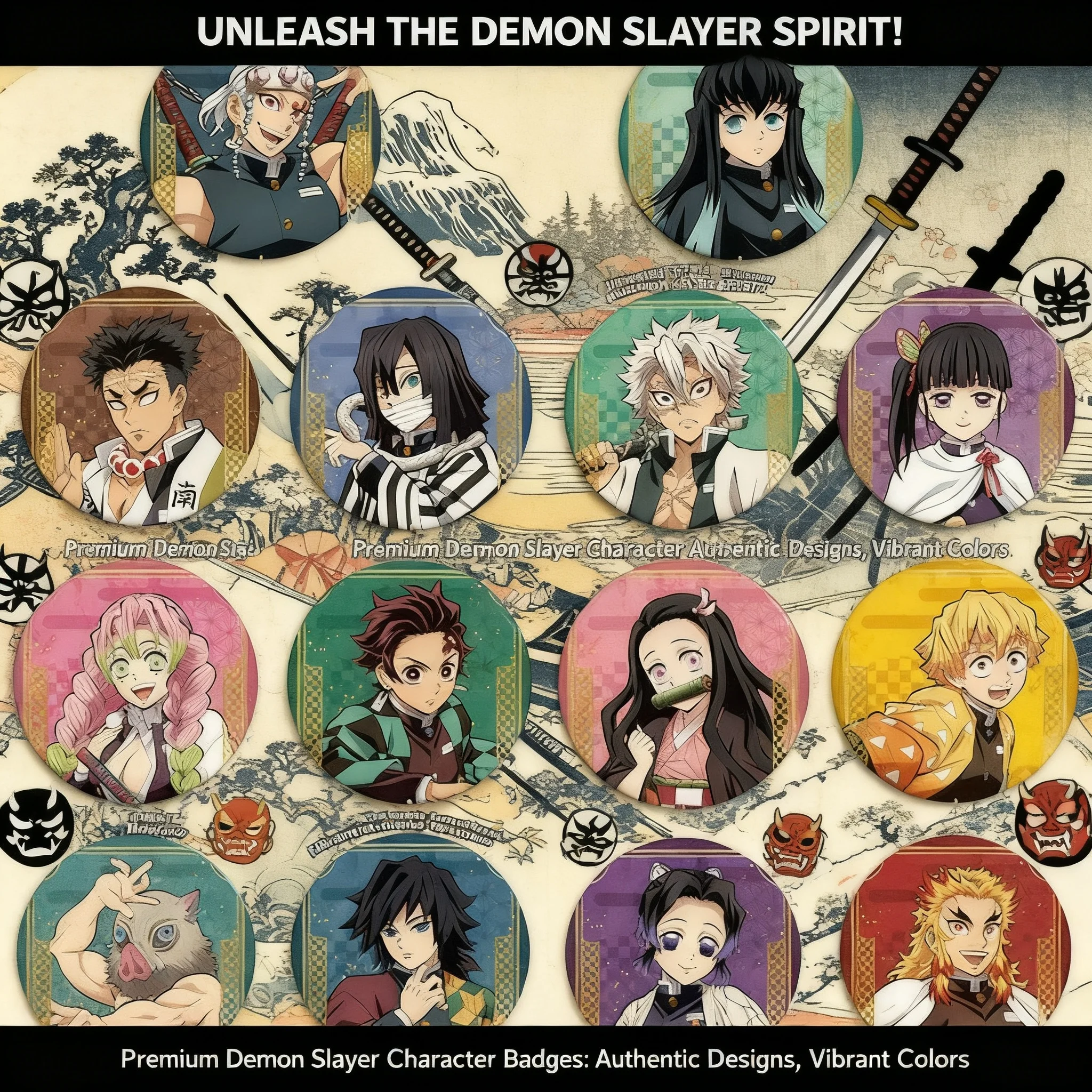 Pins de Anime Demon Slayer Kimetsu no Yaiba: Tanjiro Kamado, Nezuko, Zenitsu Agatsuma, Inosuke Hashibira, Kyojuro Rengoku, Giyu
