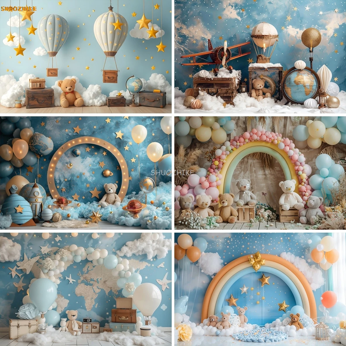 

Little Bear Baby 1st Birthday Photography Backdrop Arch Balloon Cloud Star Decor Background Newborn Cake Smash Photo Studio Prop