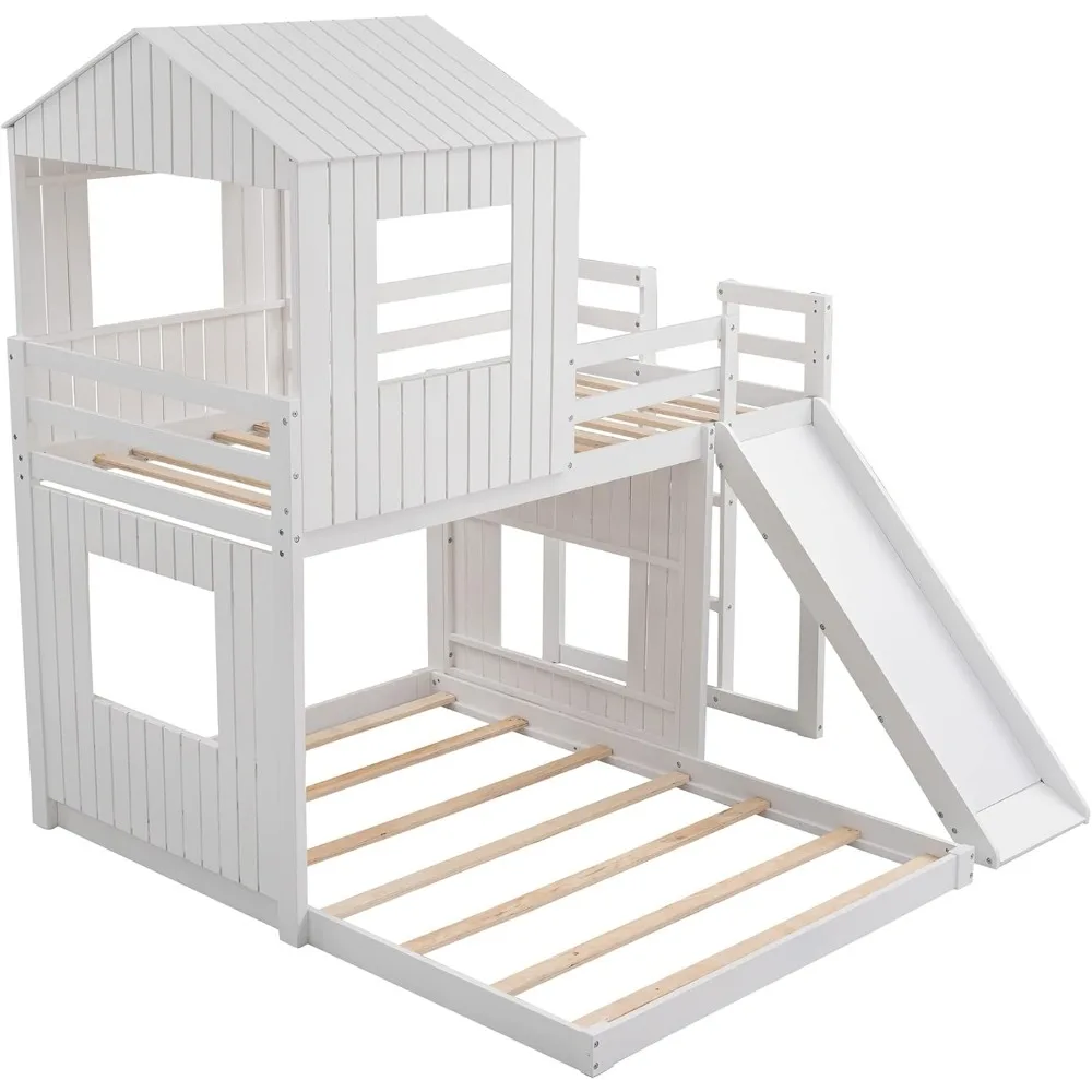 Bright Designs Twin Over Full House Bunk Bed with Slide and Roof, Wood House Bunk Bed with Ladder and Guardrails, Playhouse Bed