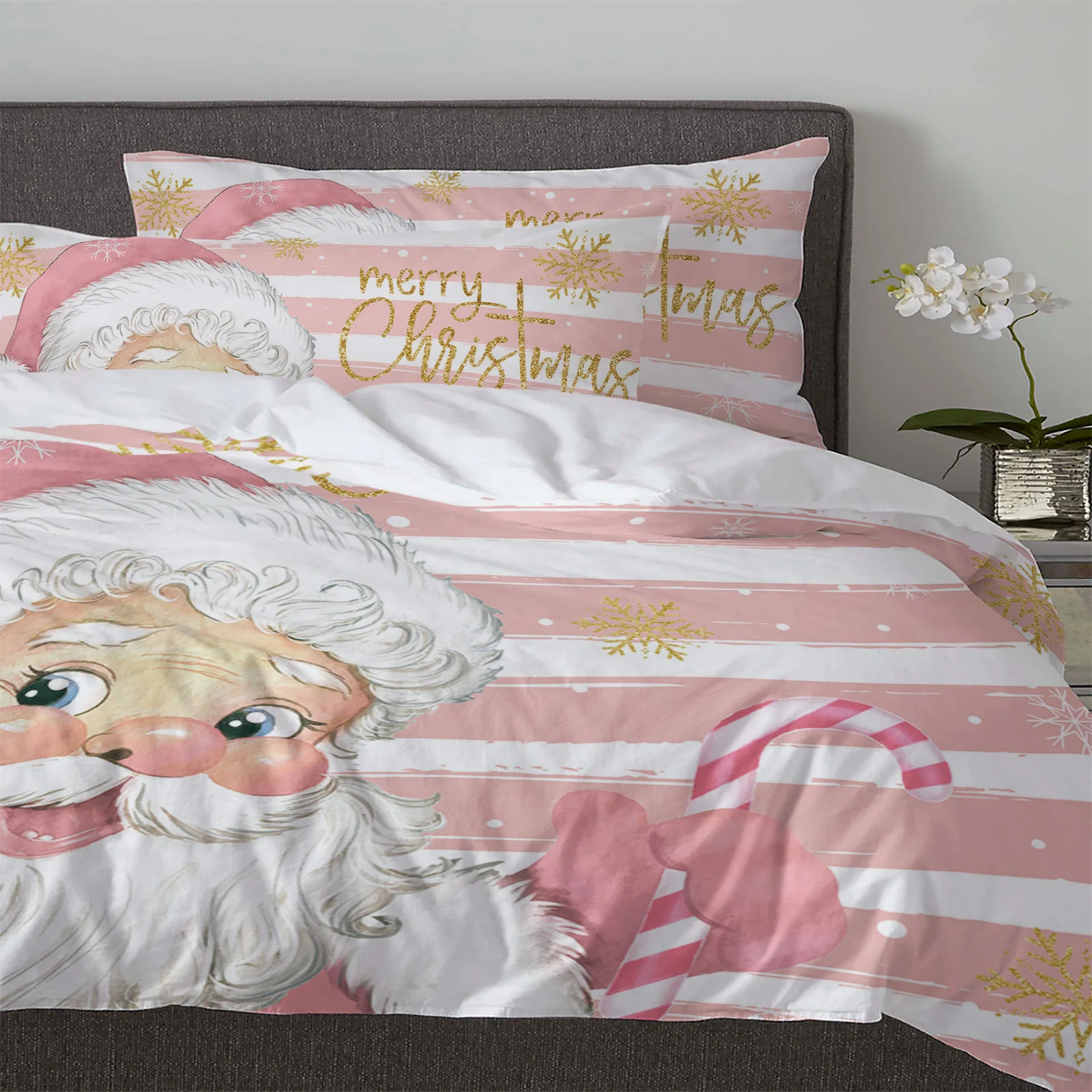 Christmas Santa Claus Snowflakes Pink Stripes 3pcs Bedding Set For Double Bed Home Textile Duvet Cover Quilt Cover Pillowcase