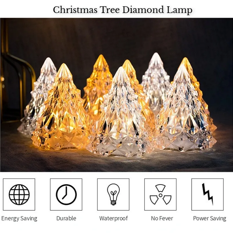 Creative Christmas Tree Shape Table Lamp Crystal Diamond Desk Lamp Mini Night Light Warm/White Light Candle Atmosphere Lamps