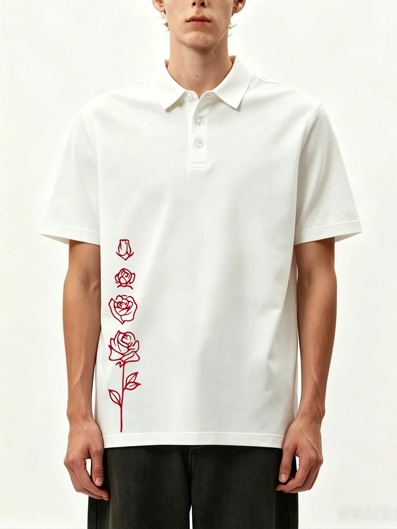 Men's Short Sleeved Shirt Polo Shirt Breathable and Moisture Wicking, Simple Rose Print, Minimalist Design