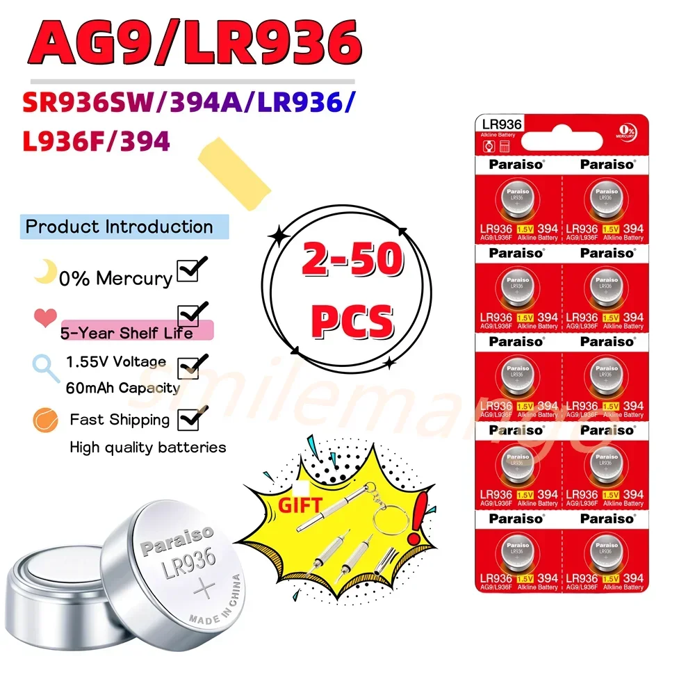 2023-New High-Capacity AG9 SR936SW LR936 1.55V 394 Silver Oxide Watch Battery 194 LR45 For Toy Scale Swiss Made Button Coin Cell