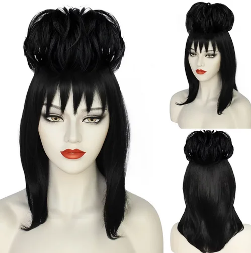 Lydia Deetz Cosplay Wig Bride Gown Costume Props Black Synthetic Straight Hair Women Girls Halloween Carnival Party Accessories