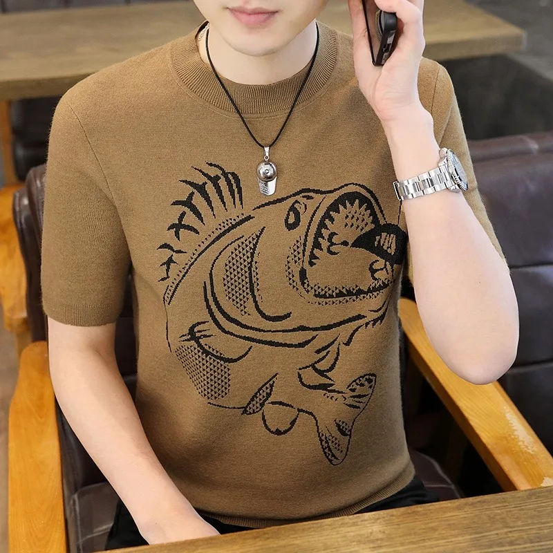 Light Luxury Pattern Jacquard O Neck Knit T Shirts Autumn Short Sleeve Korean Popular Retro Knitwear Pullover Social Streetwear image 6