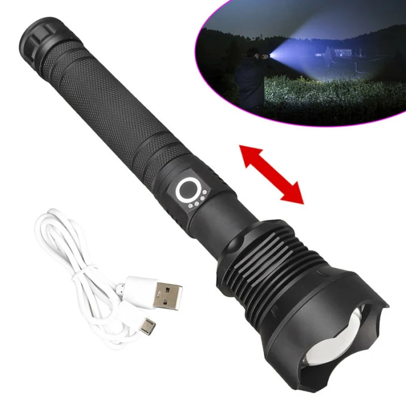 50000 Lumens Ultra Bright Led Flashlight Usb Zoom Torch XHP70 XHP50 26650 Battery Rechargeable for Adventure, Camping