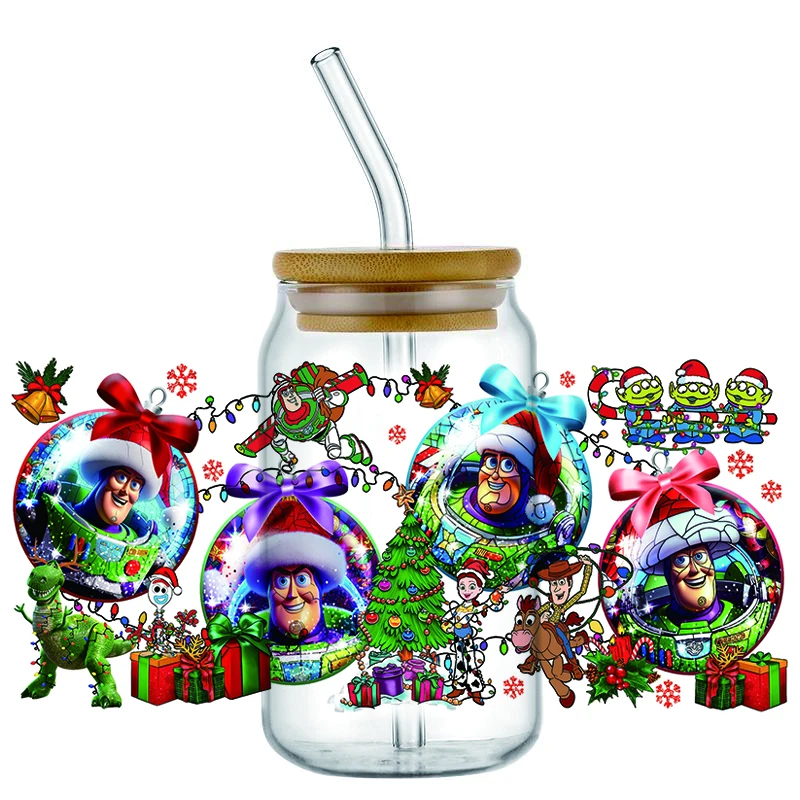 Miniso Toy Story Christmas pattern 3D Wrap Transfer Sticker For 16oz Libby Glass Cup Wraps Decal Waterproof Mug UV DTF Sticker