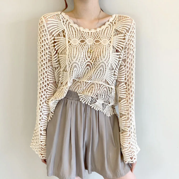 

2025 Autumn Bohemian Holiday Embroidered Hollow Lace Tops Long Sleeve Beach Clothes Sun Protection Shirt Beach Women's Tops