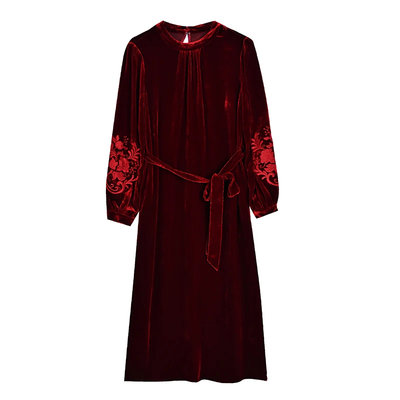 AIMEILI Women Autumn Elegant Embroidery Velvet Dress Female Office Lady Party Robe Femme Designer High Quality Pleated Vestidos