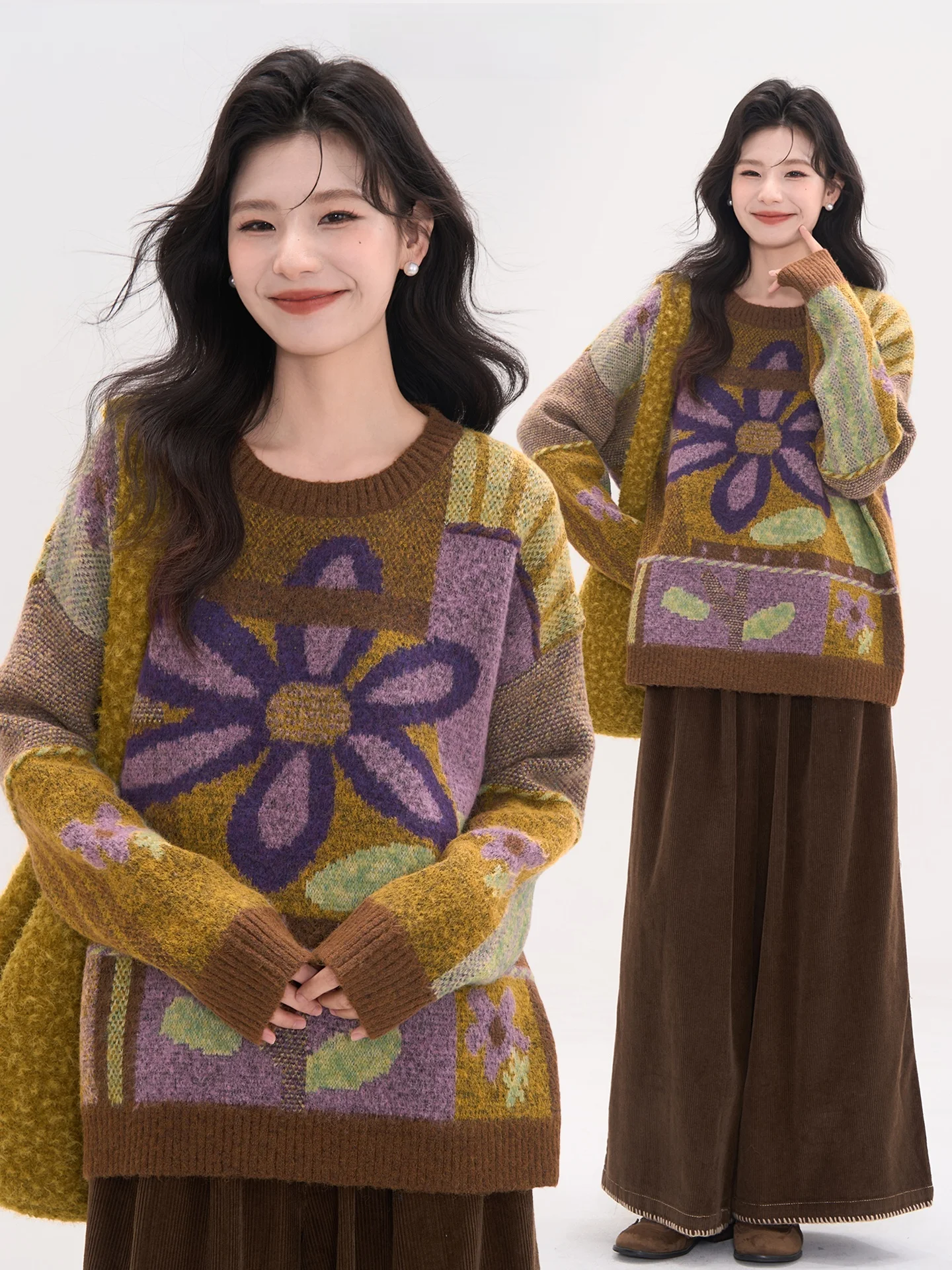 

Heme 5 Wool Blend Long Sve round Ne Pullover Sweater with Large Flower Print for Women Autumn Winter Casual Knitwear