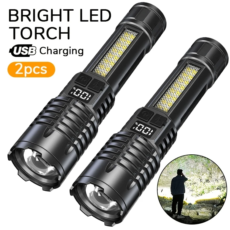 Powerful LED Flashlight Type C Rechargeable Waterproof Torch with Side Light 5 Modes Zoomable Lamp for Camping Fishing Lantern