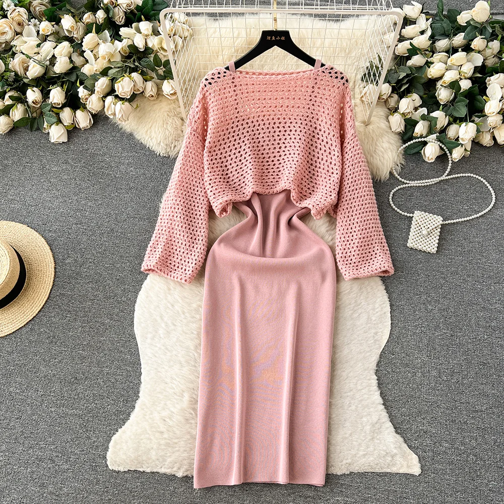 

Croysier Knitted Matching Sets Women 2023 Long Sleeve Cropped Openwork Sweater Pullover And Bodycon Midi Dress Two Piece Set