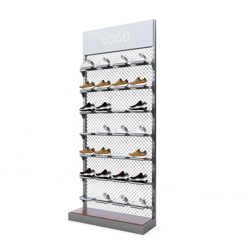 custom.Modern logo sport footwear store fixture metal iron mesh wire slat wall shoe display rack stand for shop