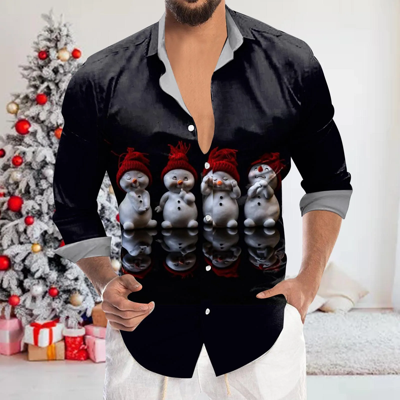 Mens Christmas Santa Gift 3D Digital Printing Lapel long Sleeve Shirt T Shirt Shirt Mens Button down winter Pajama Shirt