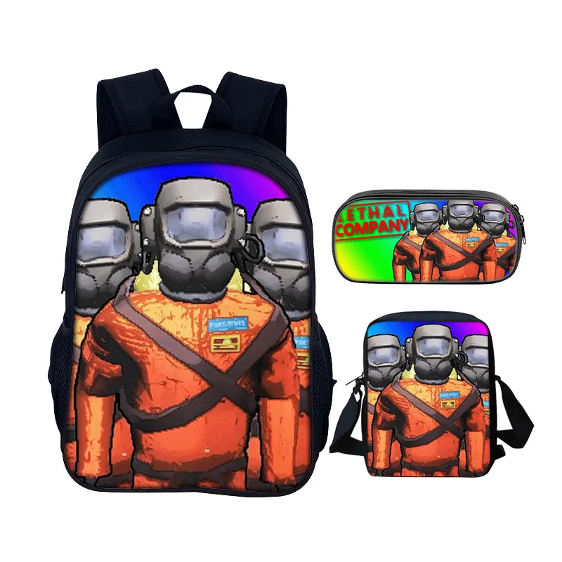 LethalCompany 3Pcs Set Boy Funny Cartoon Schoolbag with Shoulder Bag Pencil Case Game Print Backpack Waterproof Children Boolbag