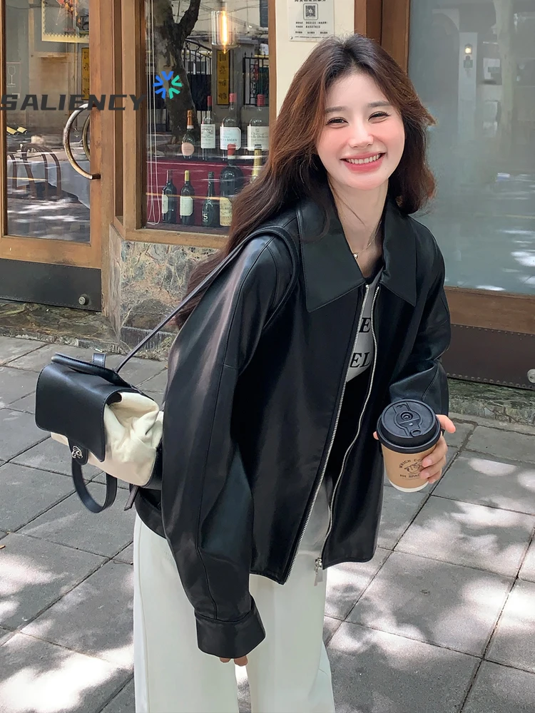 

SALIENCY черная куртка из искусственной кожи Y2K, повседневное женское пальто на молнии с лацканами, женское весеннее пальто 2024, корейская верхняя одежда в стиле гранж