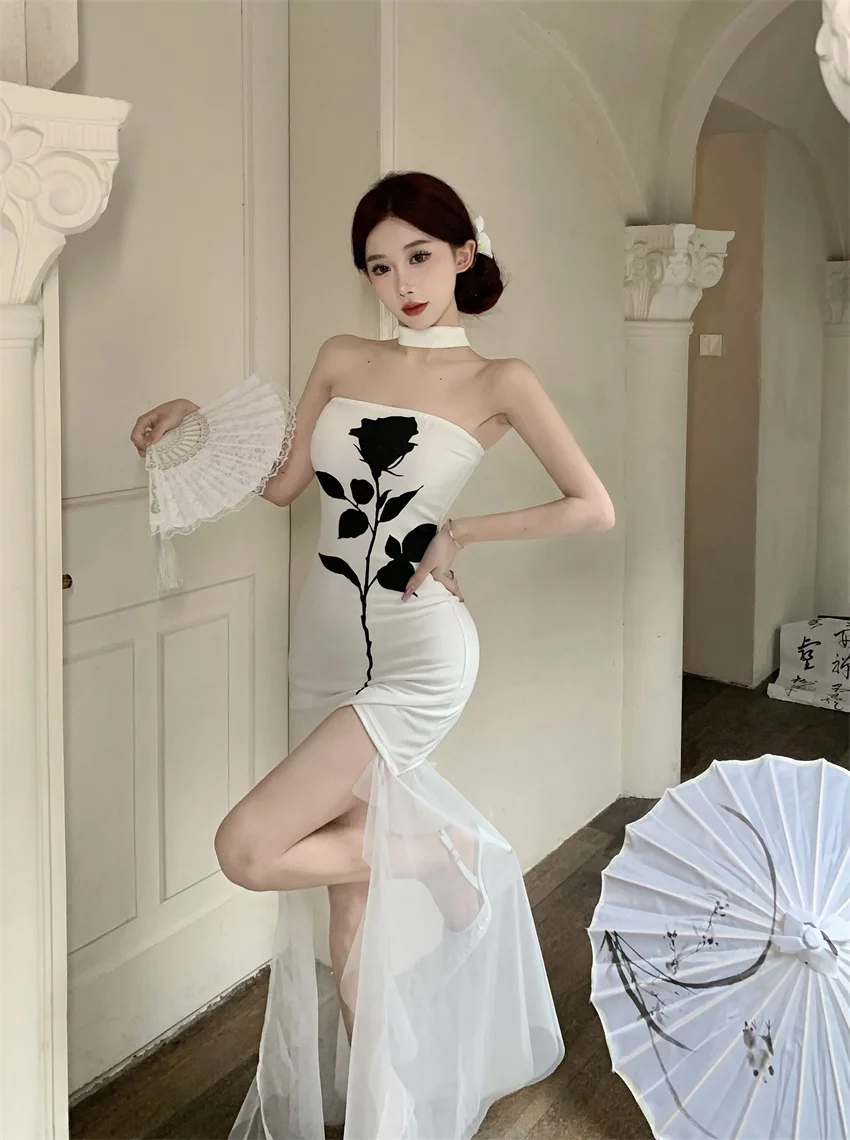 Rok A-Line Panjang Model Bodycon Korea dengan Tali Selempang, Desain Cetak Mawar Musim Panas, Cocok untuk Kerja dan Santai