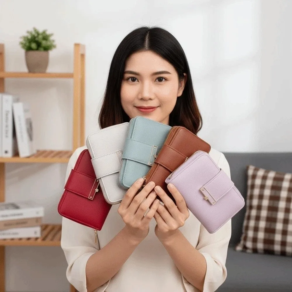 

Portable Solid Color Wallet Multiple Card Polyester Women Card Bag Flower Anti-splash Water Zipper Leather Purse School