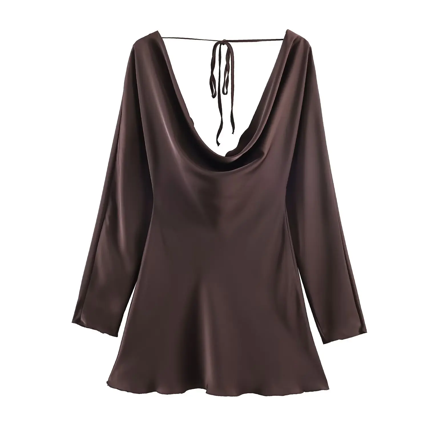 BSAY Satin Texture Pleated Collar Dress for Women Fashion Autumn Winter New Long Sleeves V-neck France Female Evening Dresses