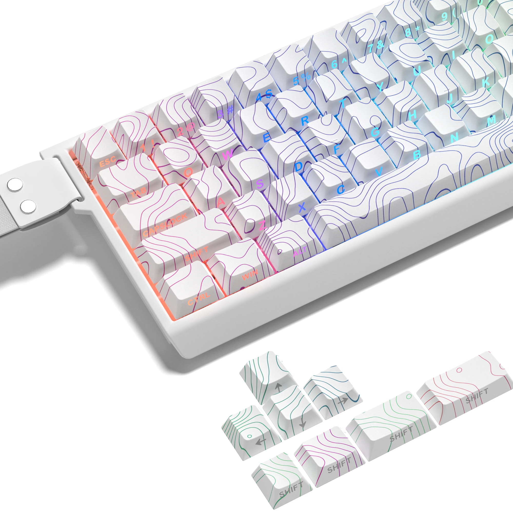 134 Keys White Topographic Dye Sub Side Printed Keycap Cherry Profile Backlit PBT Keycaps for MX Switches Mechanical Keyboard