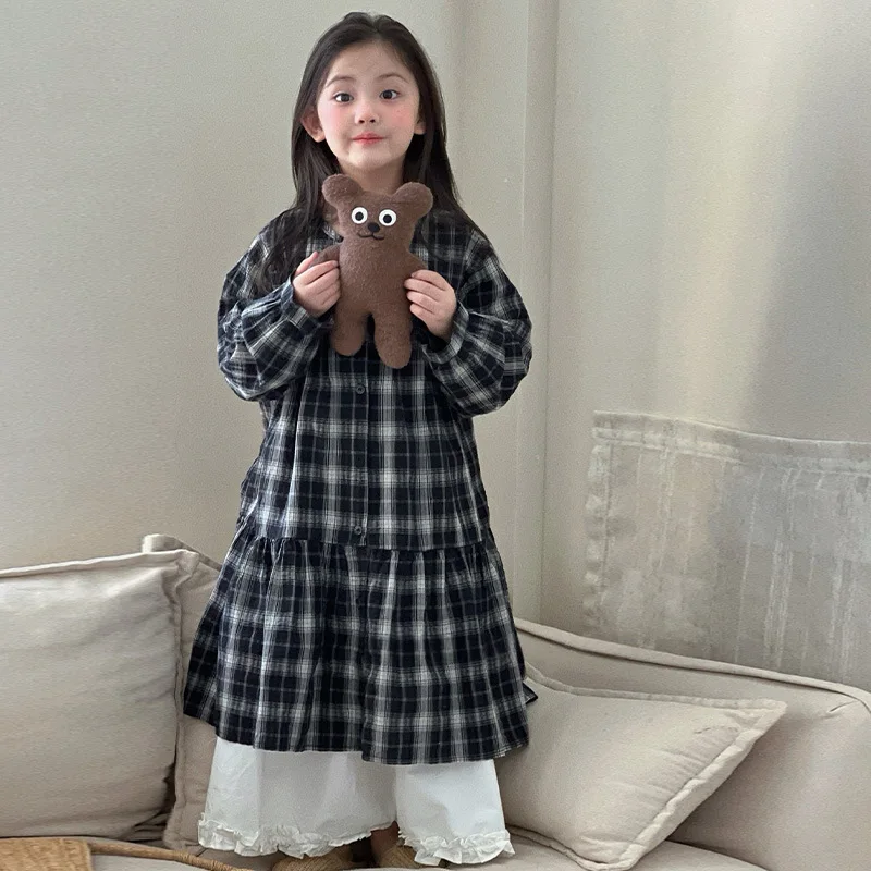 

Girls' dress, Korean-style casual plaid skirt, spring and autumn children's fashion versatile lace half-skirt set