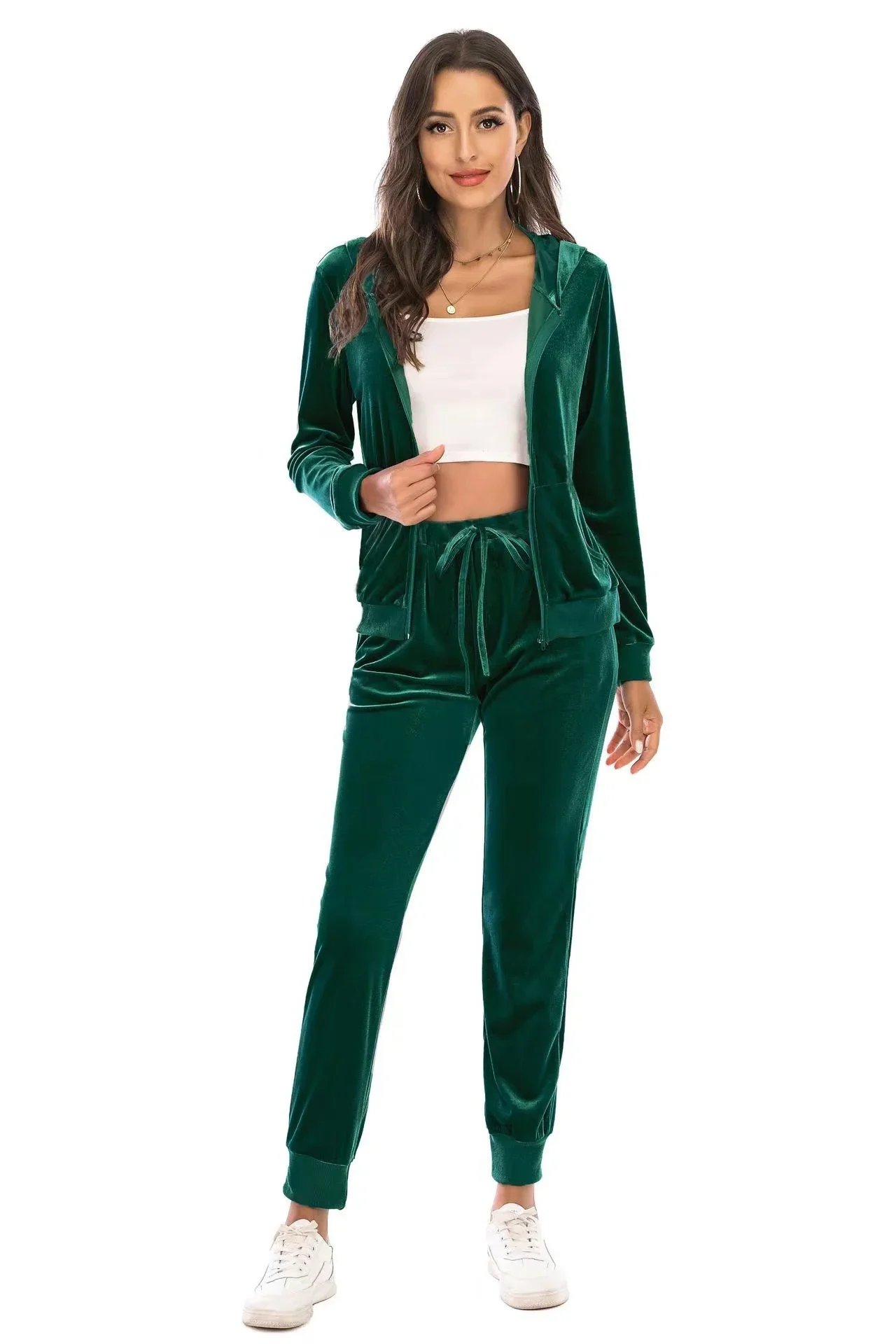 2024 Autumn Velvet Tracksuit Womens 2 Piece Sweatshirt Sweatpants Set Full Zip Hoodie Sweatsuit With Pockets Casual Sportswear