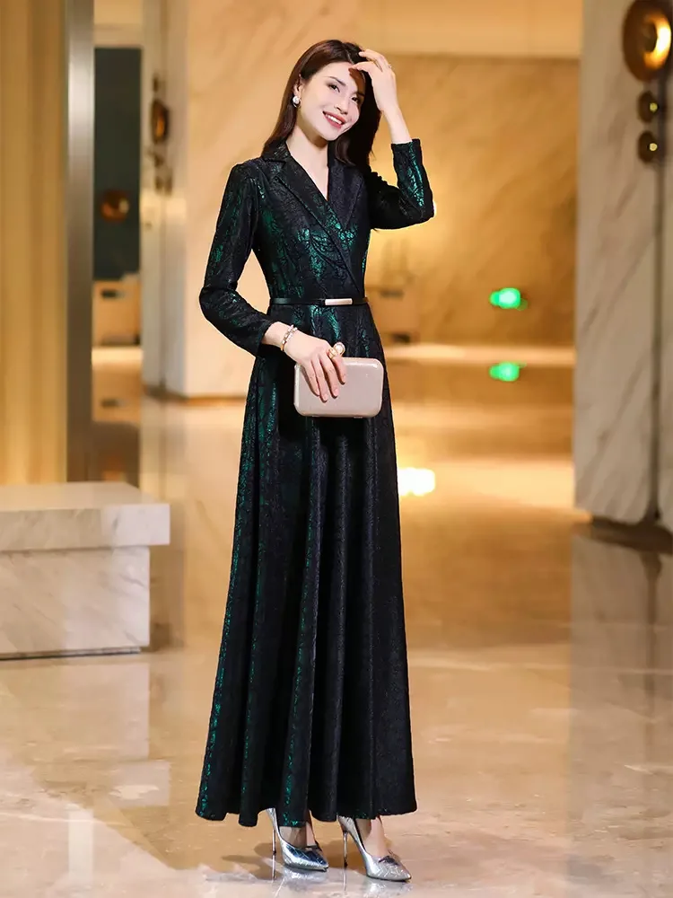 New Women Spring Autumn Suit Collar Dress Fashion Exquisite Long Sleeve Slim Dress Elegant V-Neck Overlength Dress