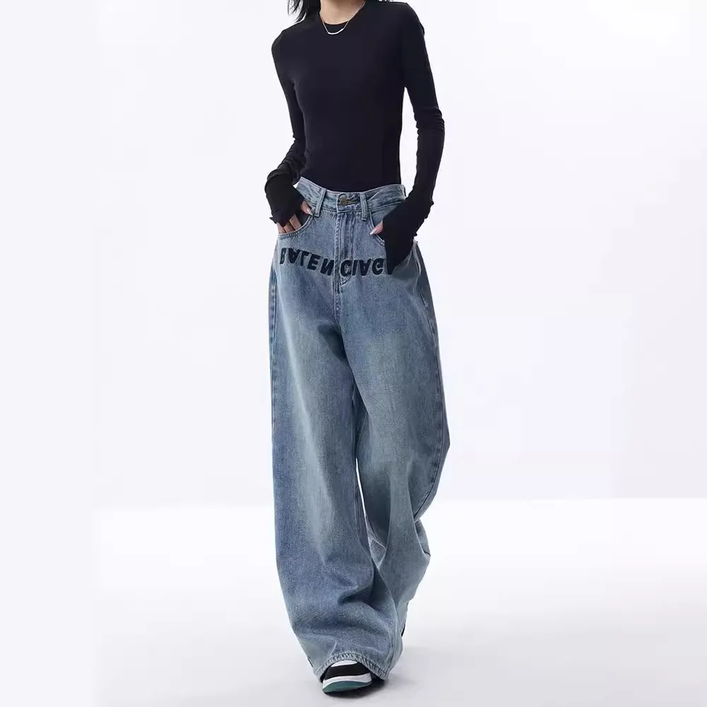 

Jeans Women Vintage Wide Leg Pants Denims Embroidery Trousers High Waist Pockets Washed Distressed Floor Length Streetwear 2025
