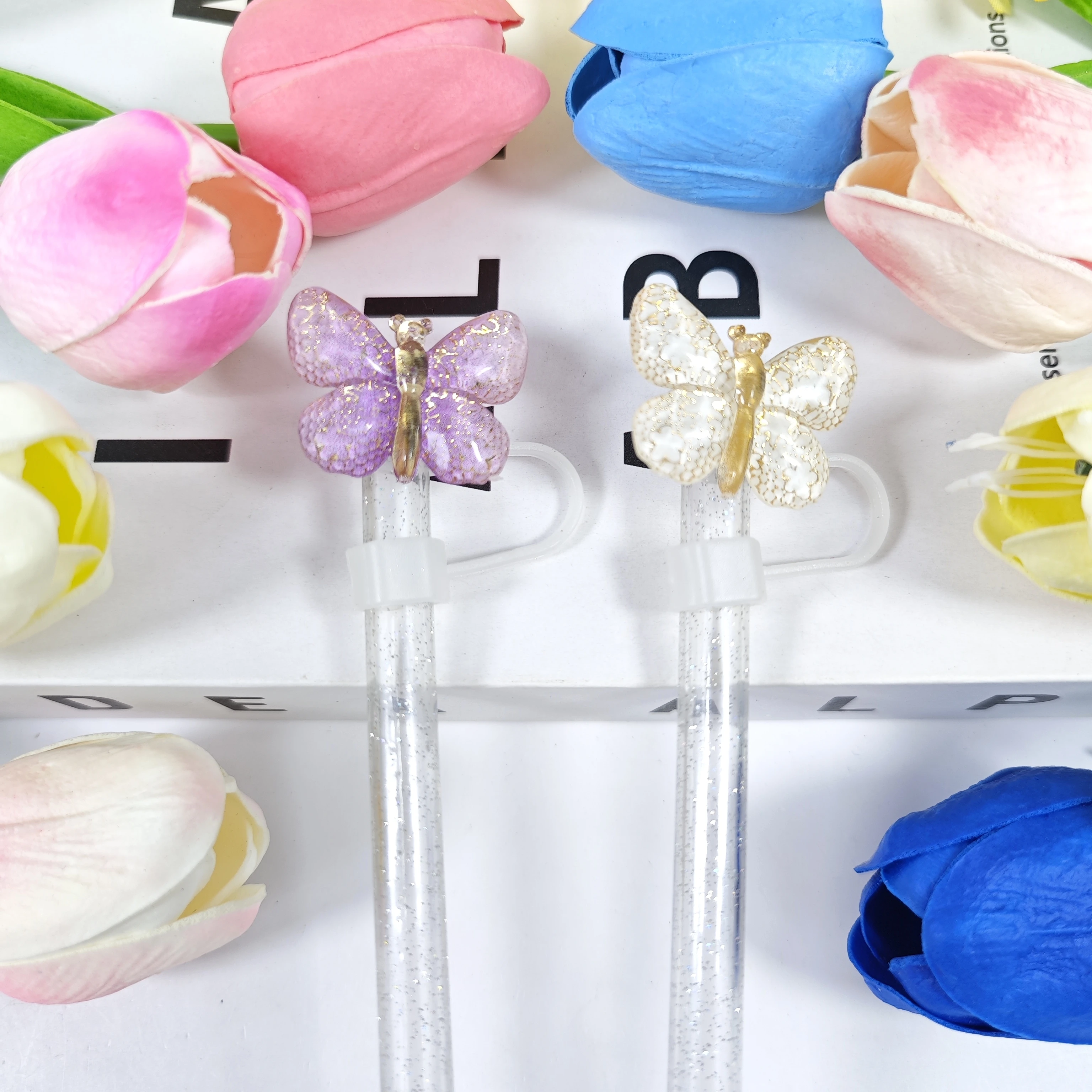 Creative Gradient Butterfly Series Cartoon Straw Cap, Soft Rubber Detachable Straw Dust Cap, Straw Cover