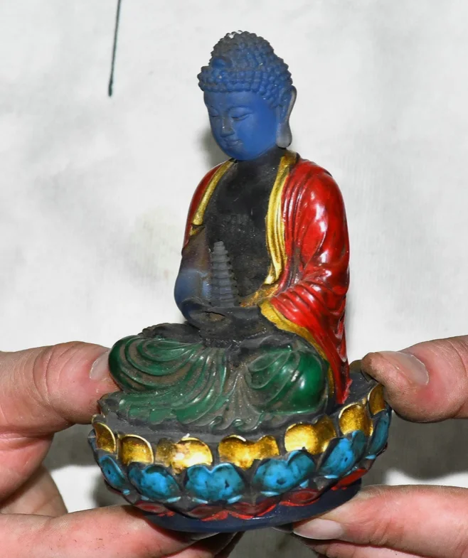 5.5'' Old Tibet Coloured Glaze Shakyamuni Sakyamuni Amitabha Buddha Statue