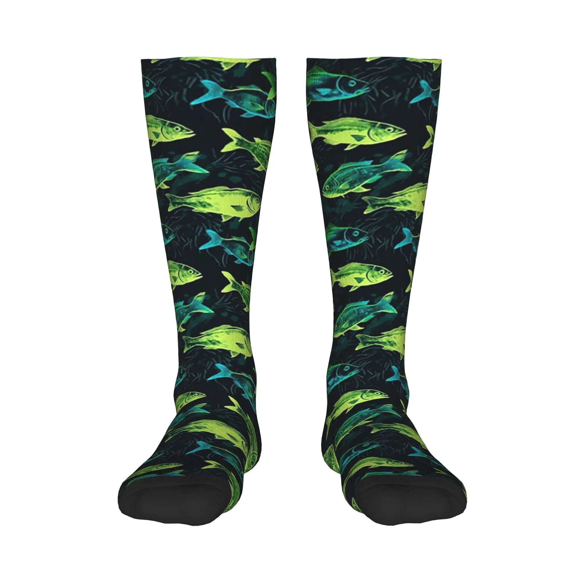 

Green Neon Glowfish Pattern Color Blocked Long Socks (3D Printed Version) socks