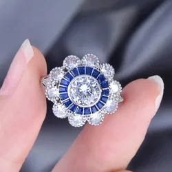 925 Silver New Square Diamond Ring Luxury Full Diamond Blue Snowflake Engagement Rings for Women Party Ladies Jewelry Gift