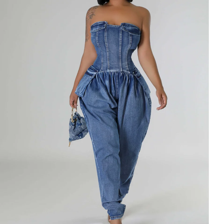 

New Women's Instagram Splicing Strapless Women's High Stretch Fashionable Waist Cinching Slimming Denim Jumpsuit