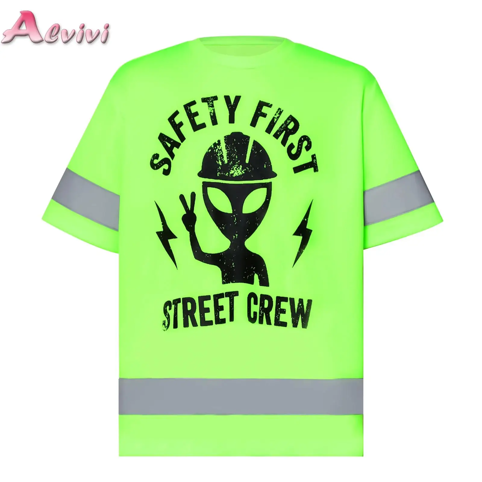 

Kids Boys Girls High Visibility Strips Safety Shirt Alien Letter Print T-shirt for Running Outdoor Public Welfare Activity
