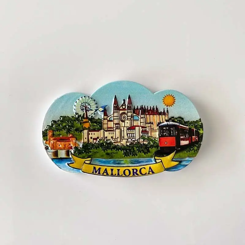 

Cartoon Architectural Landmark of Mallorca, Spain, Home Decoration, Painted Fridge Magnets, World Travel Souvenirs