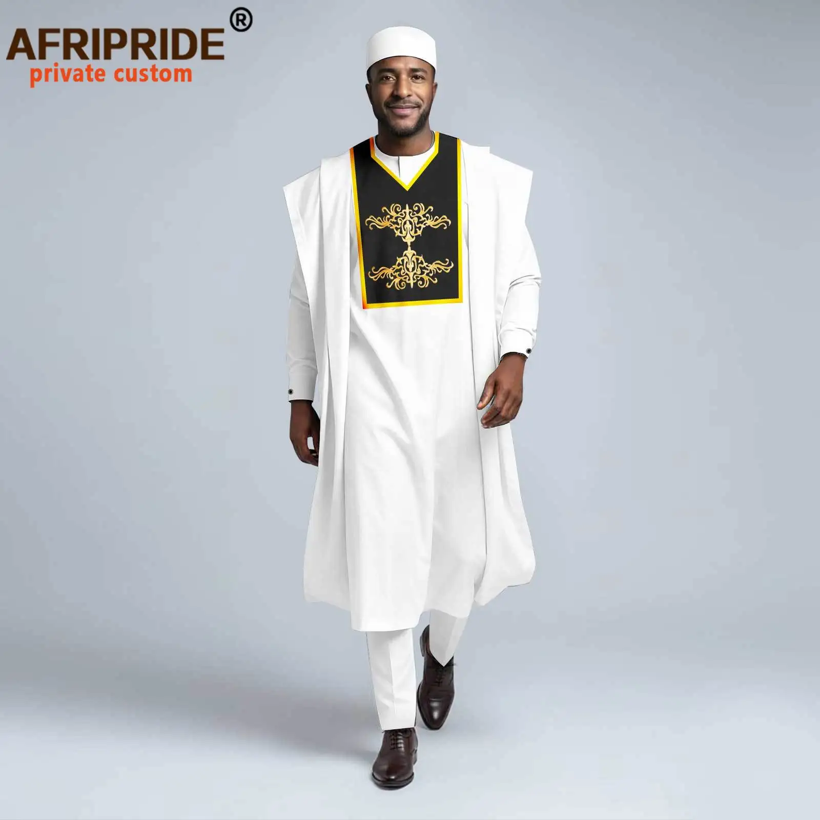 

African Clothes for Men Embroidery Agbada Robe Shirts Pants and Tribal Hats 4 Pieces Set Traditional Outfits for Wedding 2616009