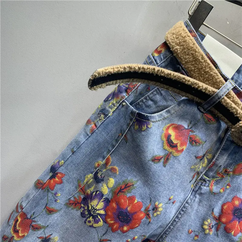 Trendy 2026 New Spring Summer Light Blue Casual Harem Denim Pants All-match High Waist Flowers Printing Ankle-length Jeans