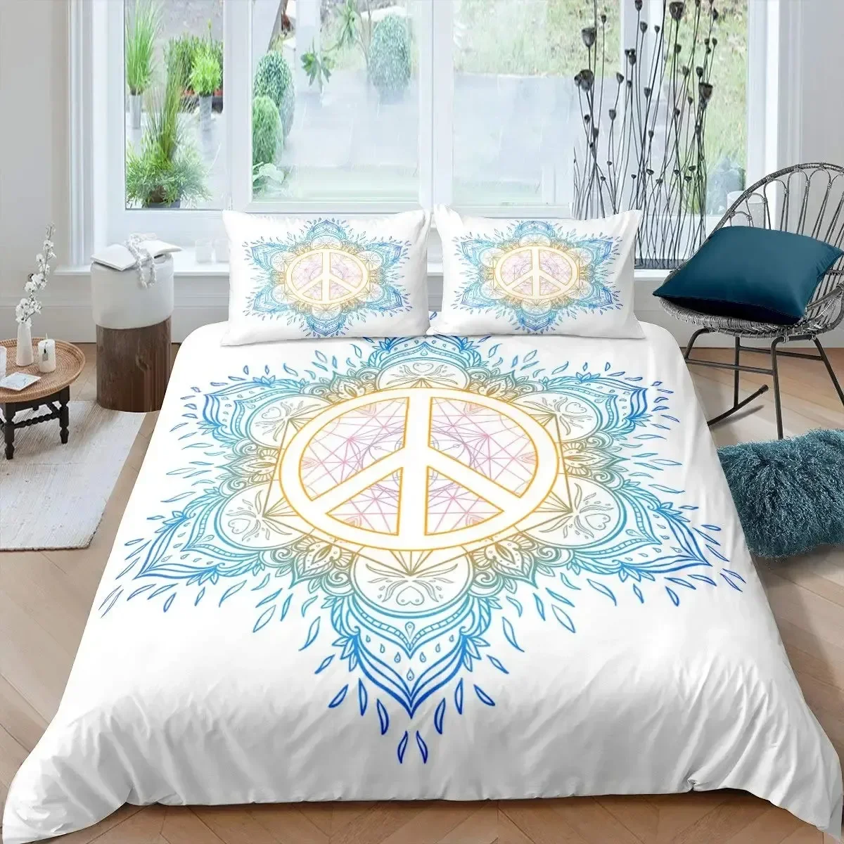 Peace Symbol Duvet Cover Set for Kids Boys Girls,Happiness World Bedding Set 3 Pcs,Queen Size,Green Brown Red Soft Bedroom Decor