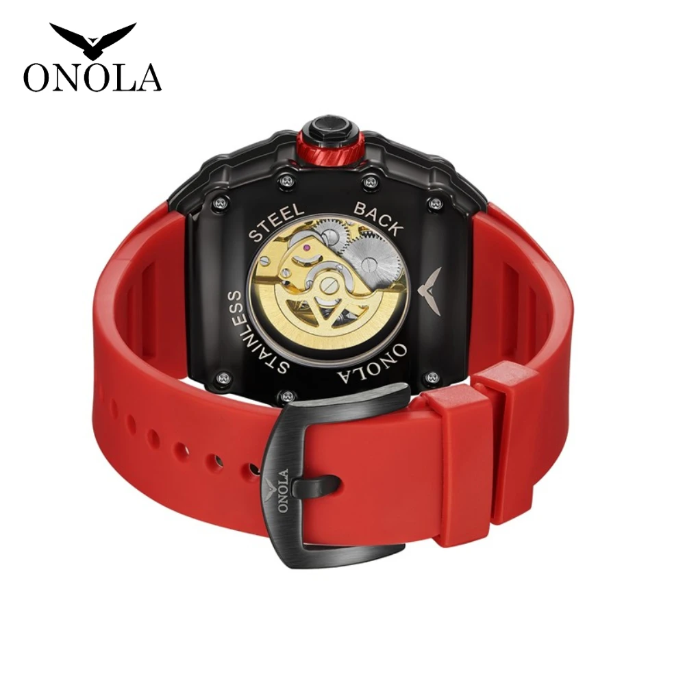 ONOLA Business Skeleton Automatic Mechanical Watch Men\'s Silicone Band Sports Waterproof Male Boy Gift Clock Relogio Masculino