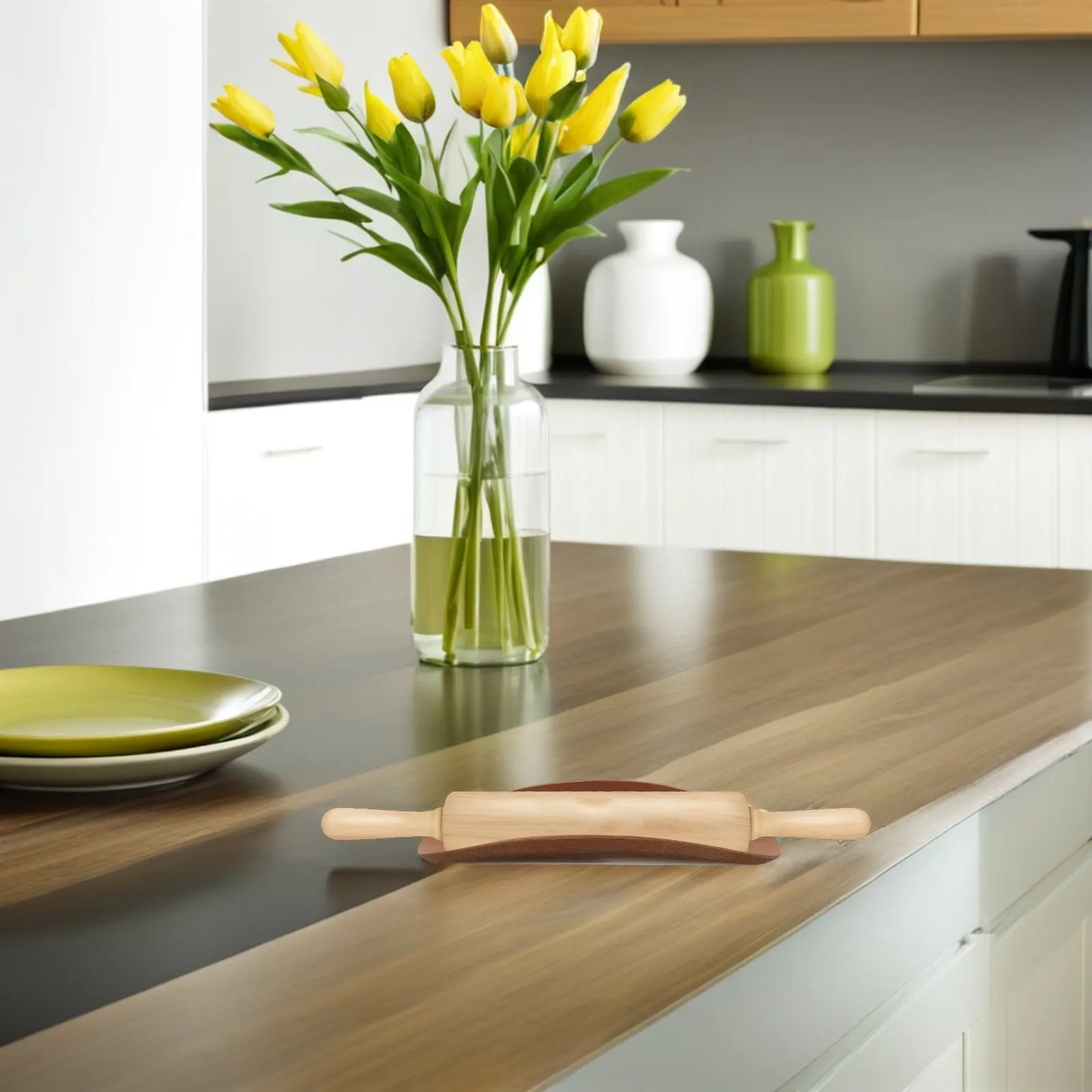Bamboo Rolling Pin Holder with Grooved Base – Solid Wood Pastry Roller Stand for Countertop Baking Organizer