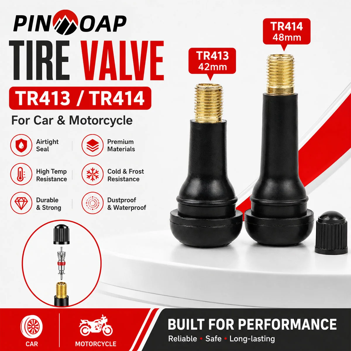 PINMOAP 4/100PCS TR413 TR414 Tubeless Tire Valve Stems Rubber Snap In Wheel Rim Air Valve For Car Motorcycle Scooter Leak Proof