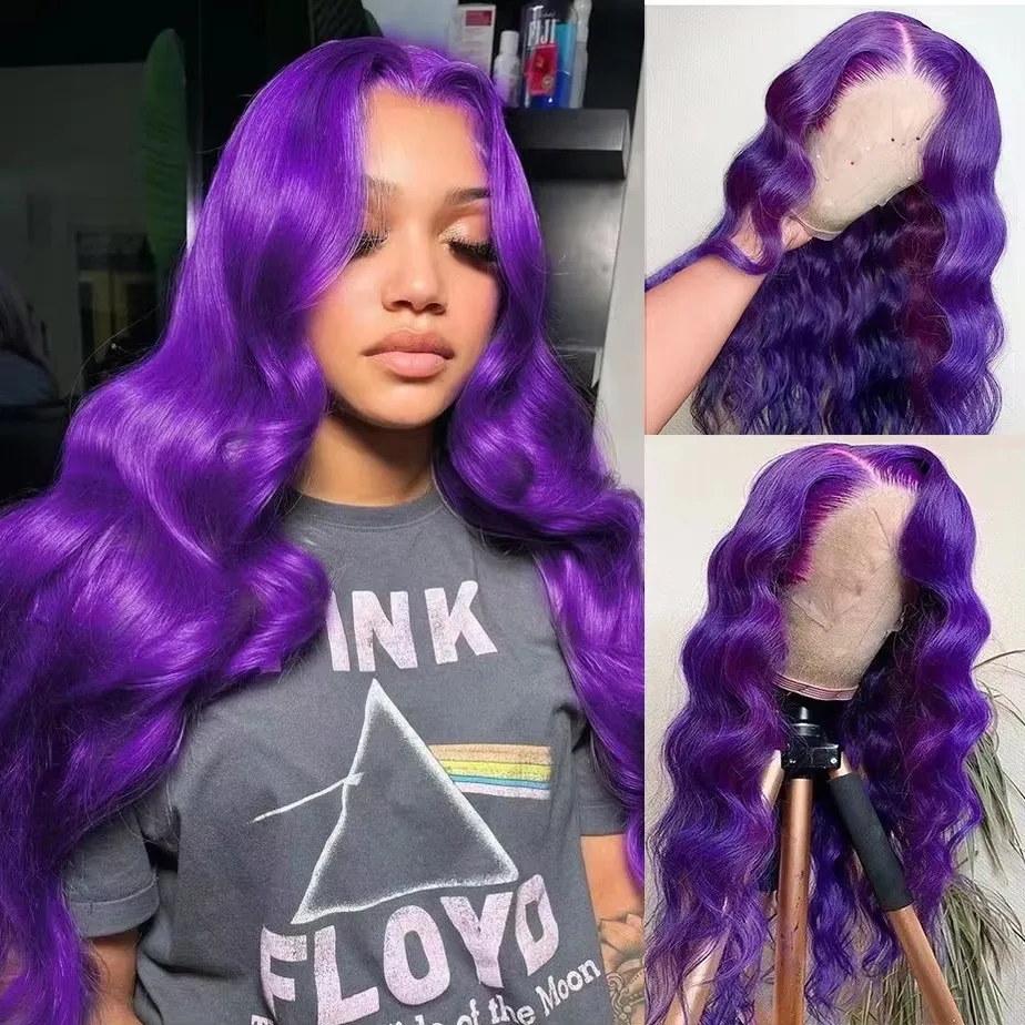 MXWIGS-Peluca de cabello sintético para mujer, pelo ondulado suave, color morado, malla frontal 13x4, sin pegamento, predesplumada, resistente al calor, Cosplay