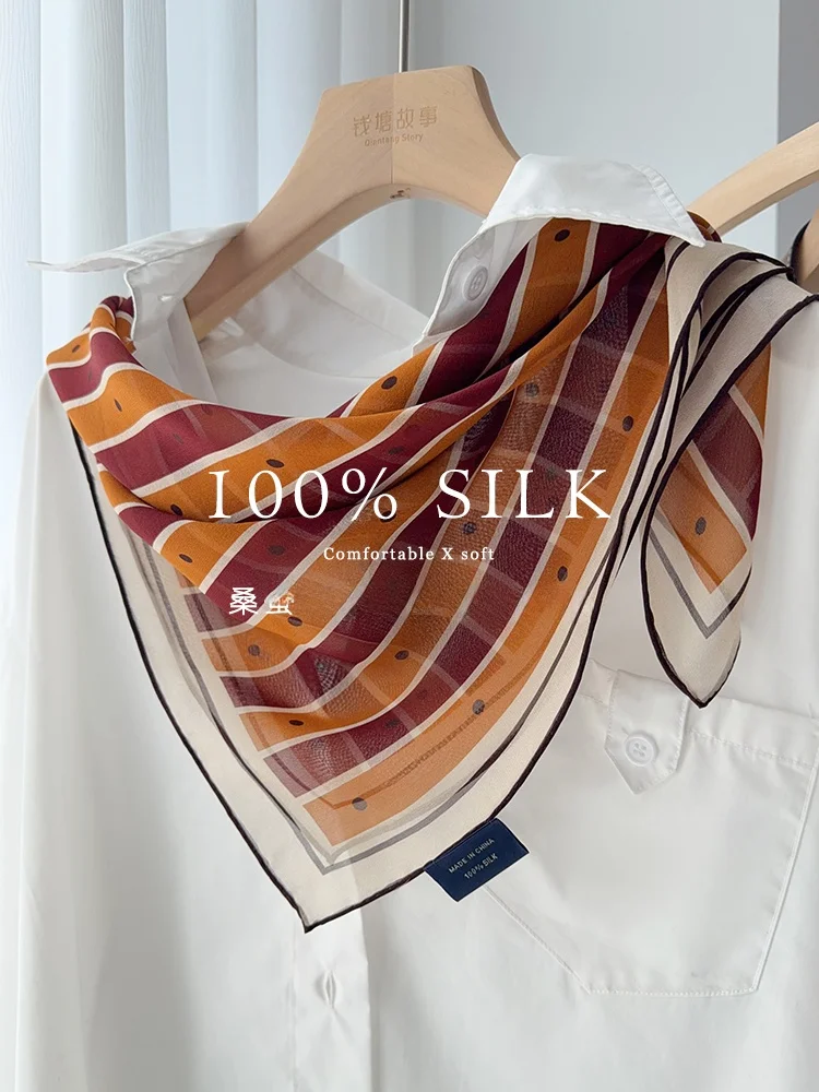 レトロ軽量シルクスカーフ-レディース-春夏-多機能-マルベリーシルク-幾何学模様装飾ネックスカーフ