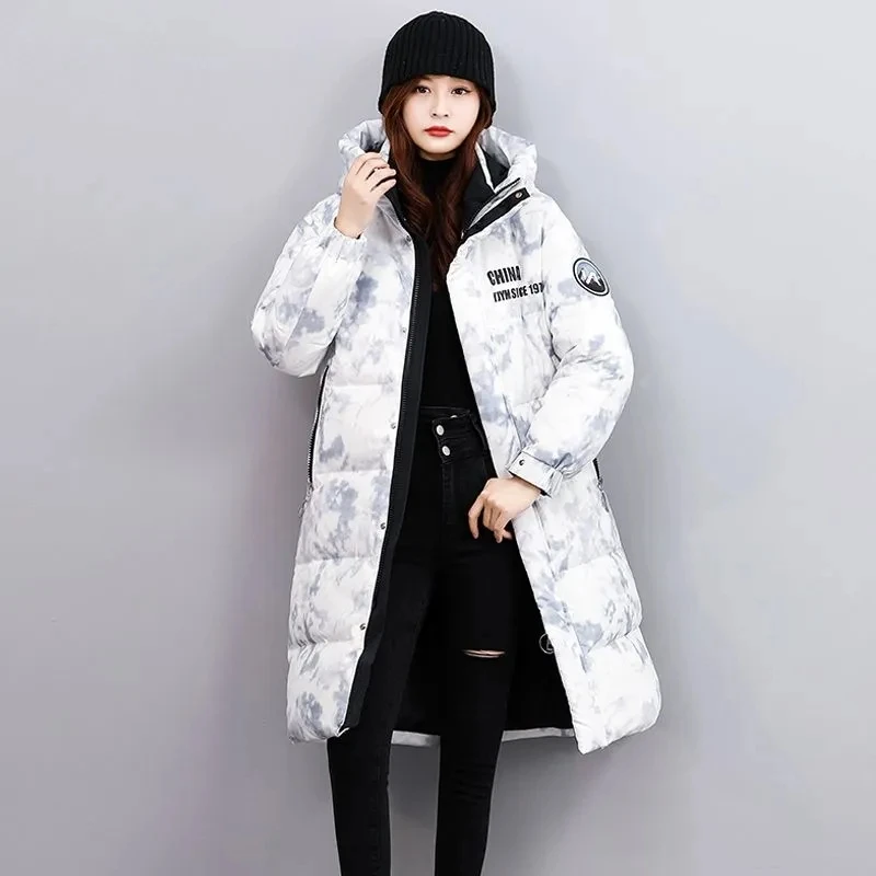 White Duck Down 90% Coat Women 2022 Winter New Fashion Loose Casual Down Jacket Female Long Hooded Printing Thick Warm Parkas