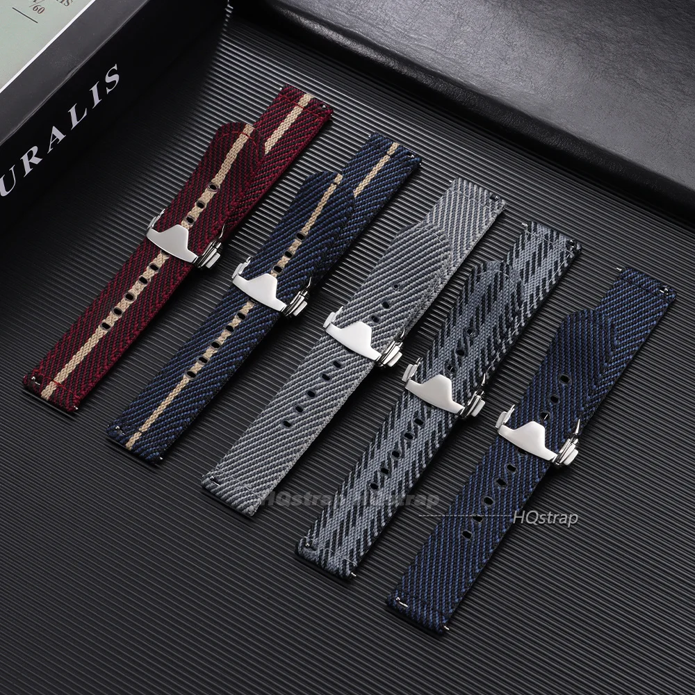 Premium 20mm Ribbed Nylon WatchBand Deployant Clasp Watch Strap for Omega Folding Buckle Watchband Quick Release Sport Wristband