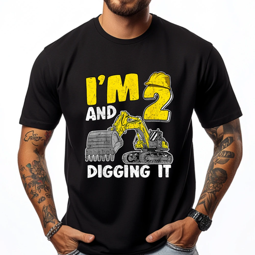 Kids I M 2 And Digging It 2 Years Boy Excavator 2nd Birthday Cream T Shirt Cotton T Shirt Men New Years Eve