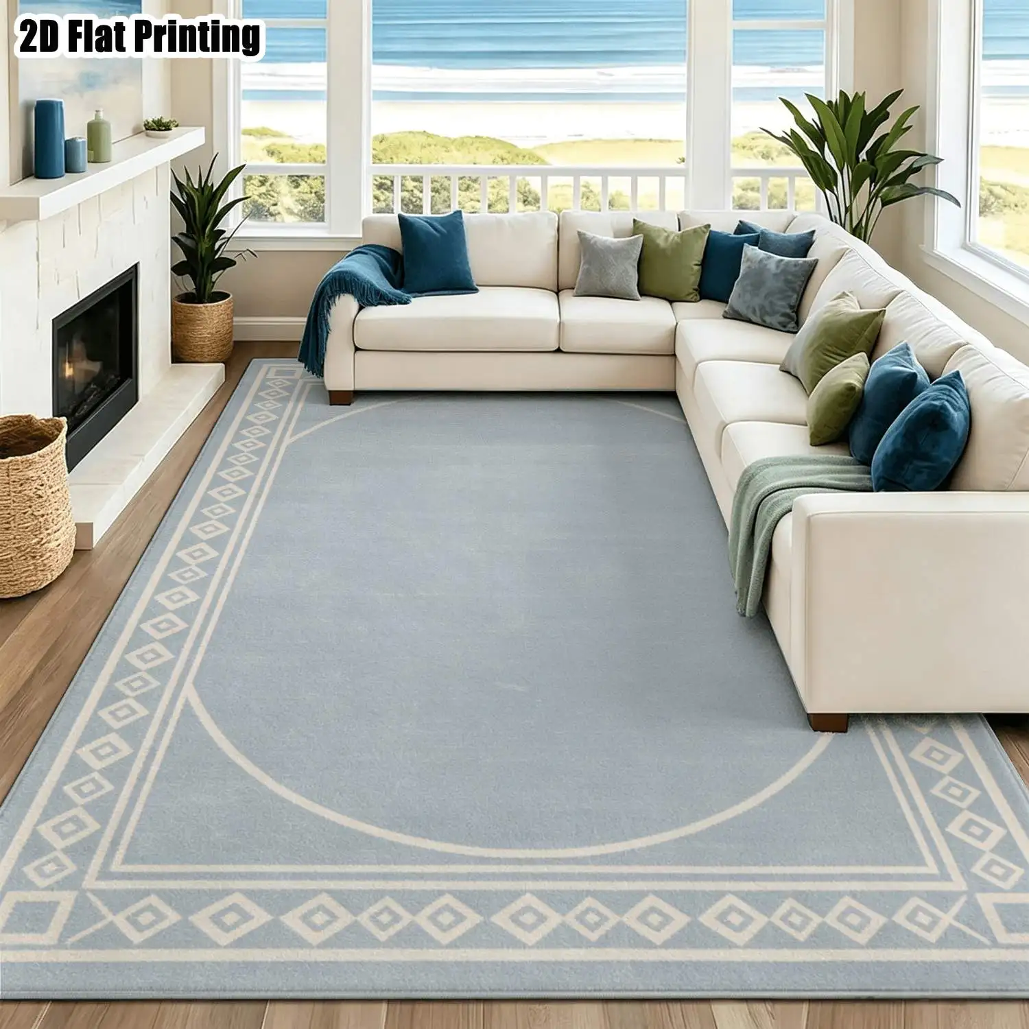 1Pc 2D Printed Nordic Modern Minimalist European Carpet, Blue-Grey Geometric Border, Home Decor, Multi-Size, Machine Washable, for Entrance, Living Room, Bedroom, Dining Room, Foyer