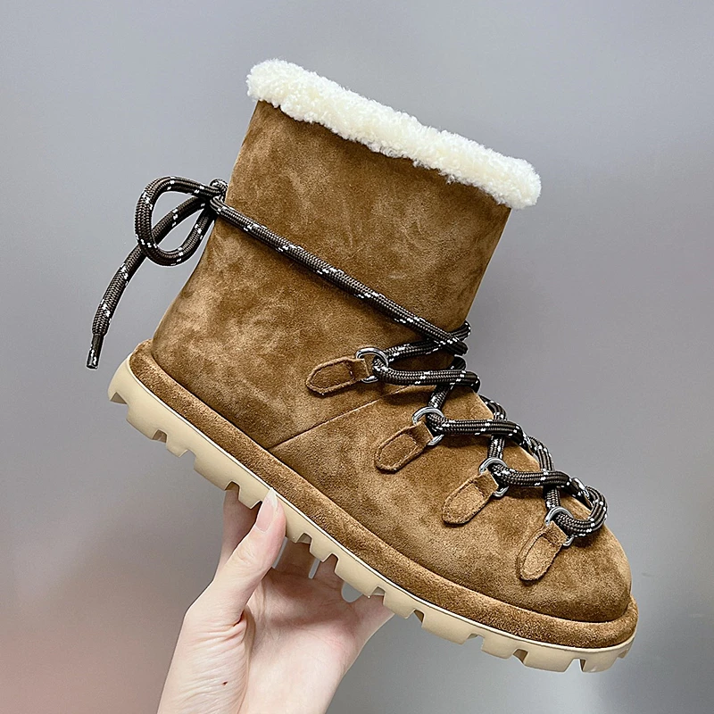 high-quality Women\'s Boots 2024 new cowhide suede snow boots all made of real wool flat bottom winter warm women\'s shoes