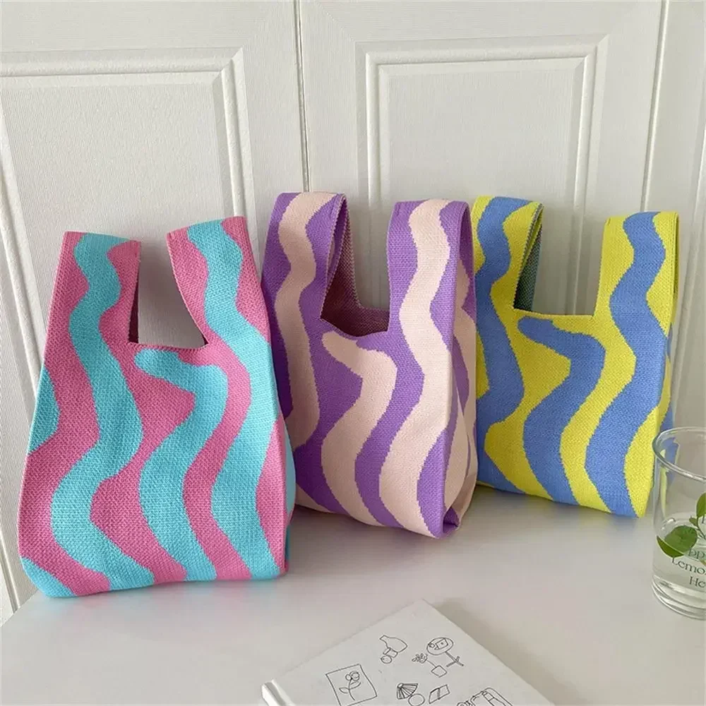 YLB2 New Stripes Knit Handbags Women Handmade Knot Wrist  Casual Small Tote  Girls Reusable Shopping Bags